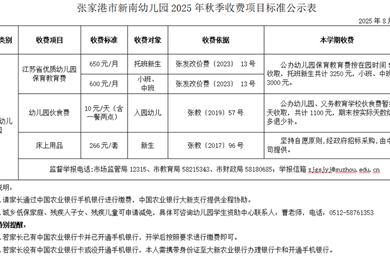 张家港市新南幼儿园2025年秋季收费项目标准公示表