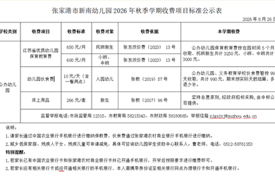 张家港市新南幼儿园2026年秋季学期收费项目标准公示表